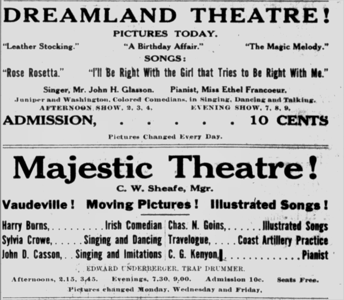 Advertisement for Charles N. Goins' performance at the Majestic Theatre and Juniper and Washington's performance at the Dreamland Theatre